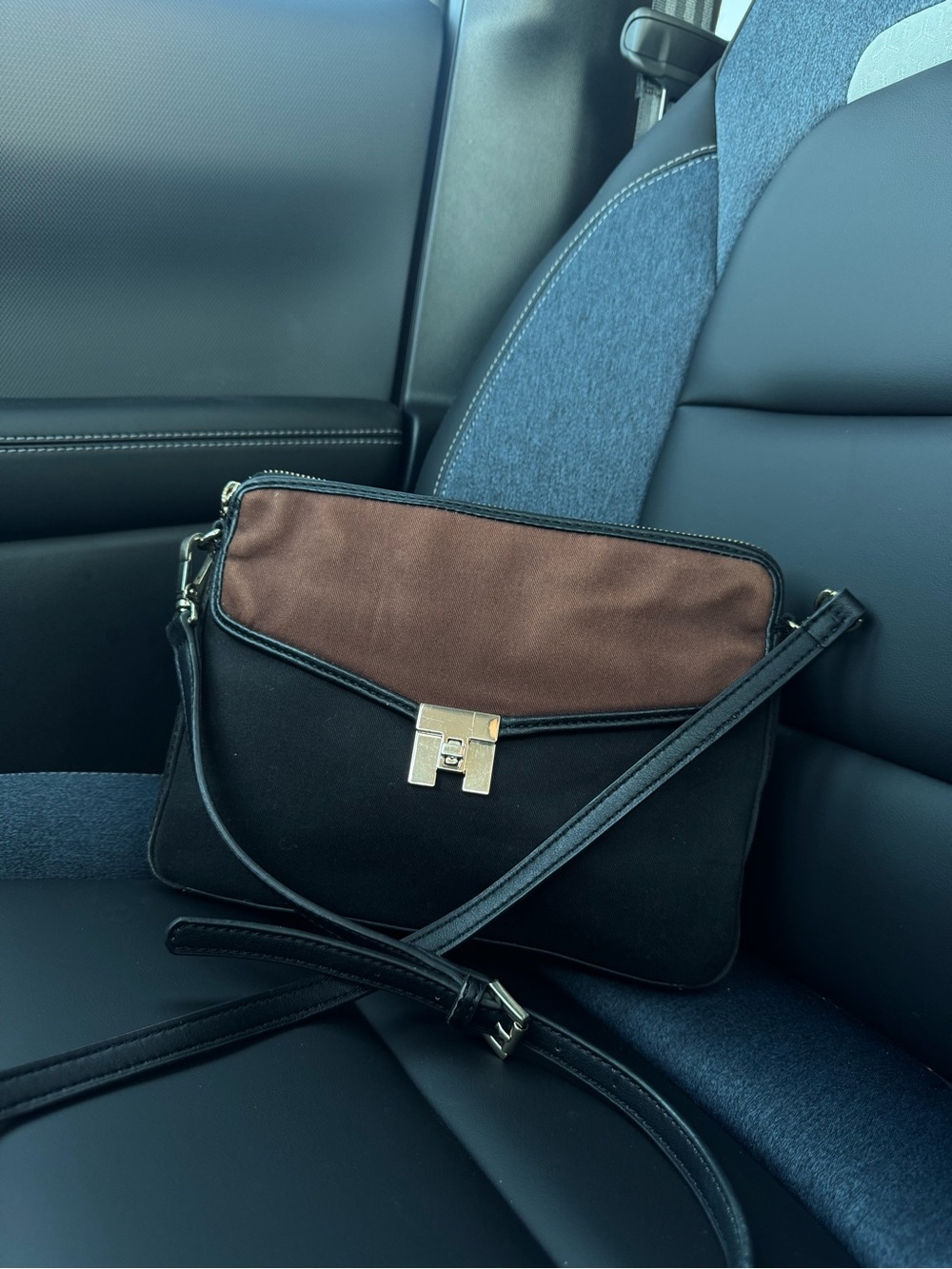 Tommy Hilfiger Brown and Black Crossbody Bag with Gold Hardware